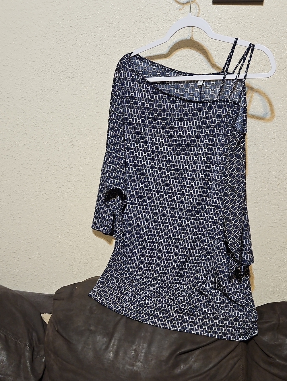 white birch Navy and White Geometric One-Shoulder Blouse